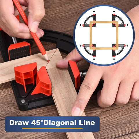Right Angle Clamp For Woodworking 30 To 90 Degree Adjustable Corner Clamp ABS Plastic Vise Fixture in use drawing 45° line