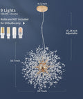 Gold Dandelion Sputnik 9 Light Crystal Chandelier Ceiling Fixture Dope Modern Firework Pendant Light dimensions view