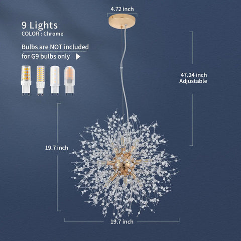 Gold Dandelion Sputnik 9 Light Crystal Chandelier Ceiling Fixture Dope Modern Firework Pendant Light dimensions view