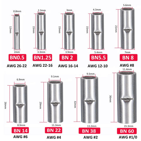 100 Piece Non Insulated Butt Connectors Kit For AWG 22 16 Wire Tin Plated Copper Crimp Ferrule Terminals Set with Measurements