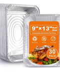 Stack of Heavy Duty Foil Pans 9x13 Disposable Deep Steam Table Trays Pack Of 30 with label showing size and features