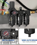 Three Stage Air Drying System For 1/2 Inch NPT Air Compressors, Includes 5 Micron Brass Filter, 0.5 Micron Fiber, 0.01 Micron Filter Cartridges, Semi Auto Drain, Metal Bracket, Blue Finish installed on wall with semi-auto drain detail