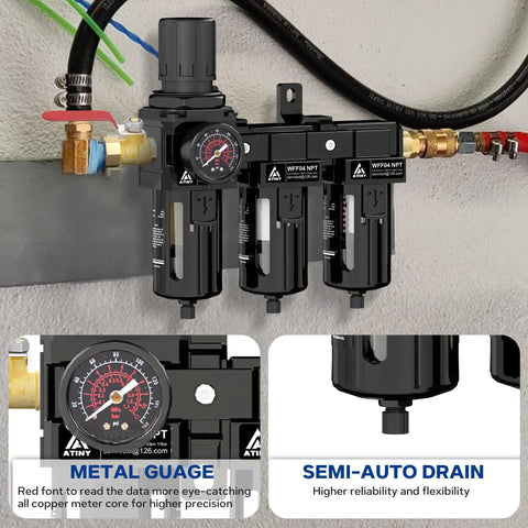 Three Stage Air Drying System For 1/2 Inch NPT Air Compressors, Includes 5 Micron Brass Filter, 0.5 Micron Fiber, 0.01 Micron Filter Cartridges, Semi Auto Drain, Metal Bracket, Blue Finish installed on wall with semi-auto drain detail