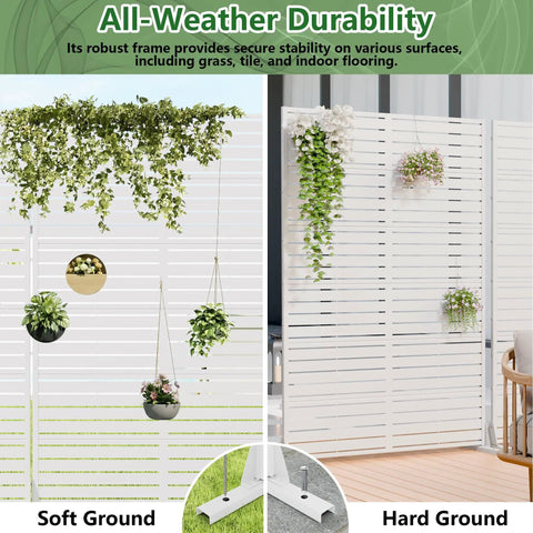 Metal Outdoor Privacy Screen 72 Inch High 47 Inch Wide Freestanding Fence for Patio Deck Balcony and Garden With Stable Base White Louvered Panels showing stability on grass and indoor floors.