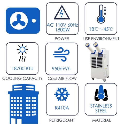 Built Tough Portable Air Conditioner With Bulky 14L Tank And Easy Roll Caster Wheels For Heavy Duty Spot Cooling In Warehouses Workshops And Clinics 110V 1800W Mobile Cooler Rig Power and specifications features.