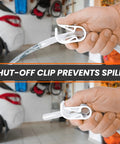 Close-up of the shut-off clip on the Deluxe Siphon Pump For Gas, Diesel, And Water With 8 Foot Hose, Fast 4 GPM Transfer, Bulb Pump tool.