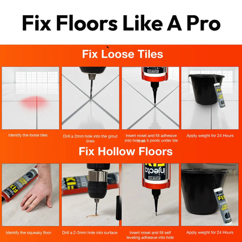 Extra Strength Floor And Tile Adhesive For Loose Or Hollow Tiles And Squeaky Wood Floors, All In One Repair Solution steps image