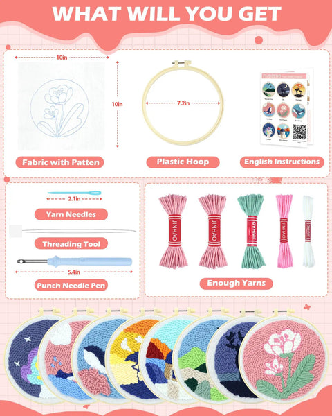 All In One Punch Needle Kit For Beginners No Experience Needed With Pink Flower Pattern Complete DIY Embroidery Set contents