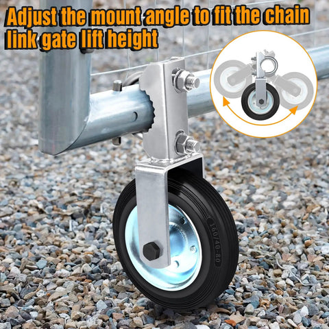 Heavy Duty Gate Wheel Set For Metal Swing Gates 1 5/8 To 2 Inch Frames Built To Last Gate Support Wheel For Chain Link Fence 500 Lb Capacity Rubber Tire Galvanized Steel Set Of 2 mounted on chain link fence