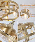 Close-up of Dope 18 Inch Gold Cage Ceiling Fan With Light Remote Control, showing 6 E12 bulb bases and metal cage design.
