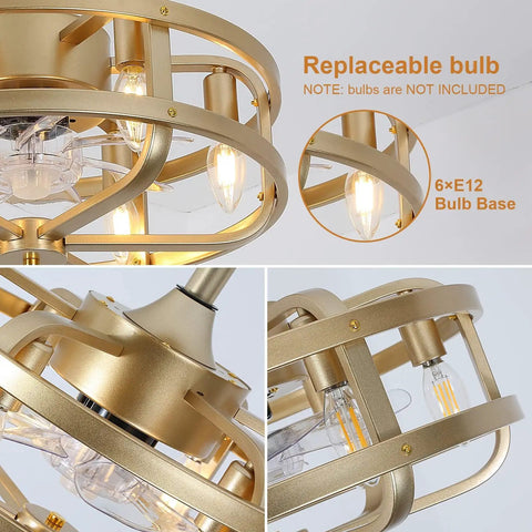 Close-up of Dope 18 Inch Gold Cage Ceiling Fan With Light Remote Control, showing 6 E12 bulb bases and metal cage design.