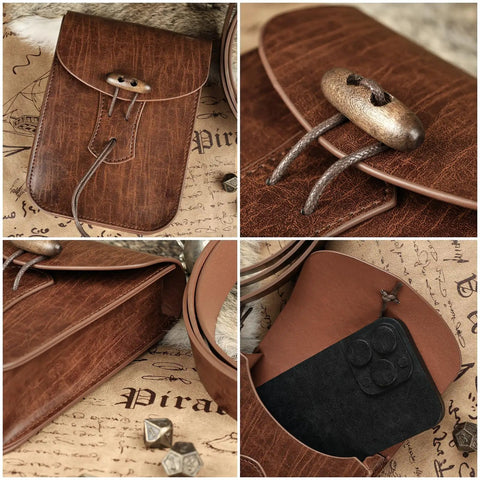 Top Tier Renaissance Belt Pouch And Retro Waist Bag Duo For Medieval Pirate Cosplay And Larp Essentials, brown leather pouch with button closure.
