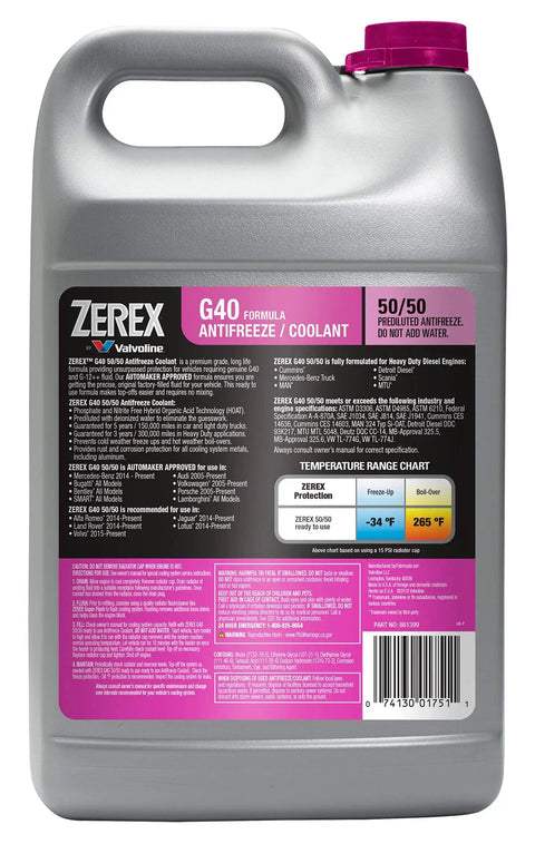 Straight Up Ready To Use Antifreeze Coolant Pre Mixed 50/50 Formula in gray jug with purple cap and detailed label.