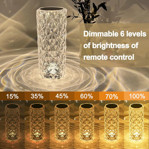 Rose Crystal Table Lamp With 16 Colors RGB Lights, Touch And Remote Control, USB Rechargeable 2000mAh Battery Delivers Up To 12 Hours, showing dimmable brightness levels.