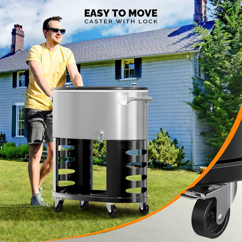 Man pushing 70 Qt Rolling Patio Cooler On Wheels With Bottle Opener and Ice Scoop, outdoor scene next to house, close-up of wheels