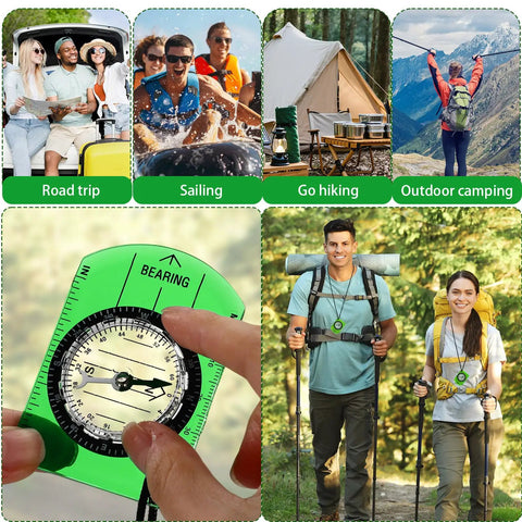 50 Pack Orienteering Compasses For Hiking And Navigation, Acrylic Baseplate Style, hikers with backpacks and tent setup