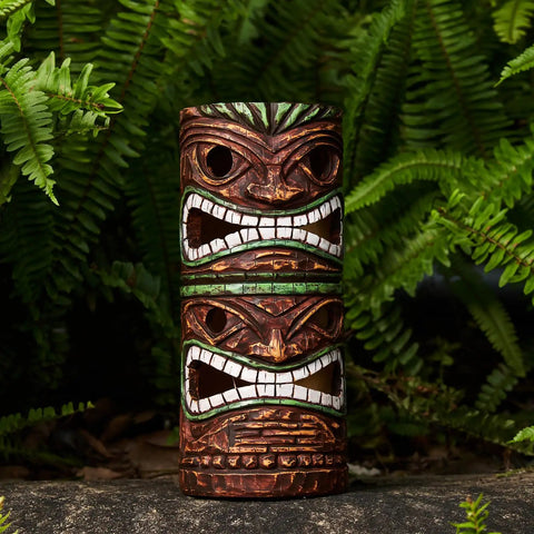 Solar Tiki Statue Outdoor Decor For Garden And Yard Large 10 Inch Tiki Totem Pole With Solar Powered Warm Glow Lights against ferns
