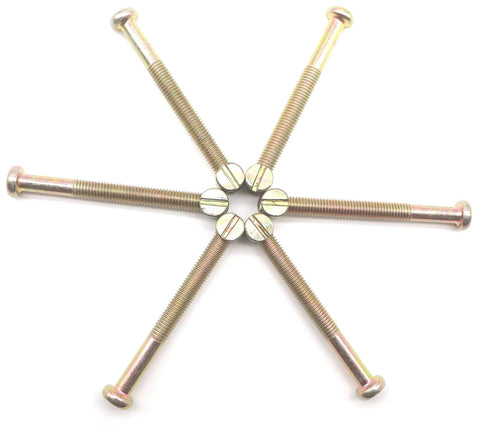 Tough As Nails M8x80mm Hex Socket Cap Screw And Furniture Barrel Nut Set Bronze Tone 6 Pack laid out in a star pattern.