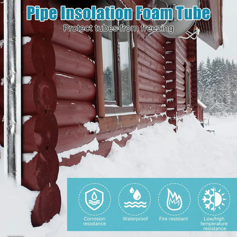 Insulated Pipe Foam Tubes Four Pack Pre Slit Self Adhesive 2 Inch 20mm Thick 40 cm Length For Copper Pipe AC Line Sprinkler Keeps Heat In And Freezes Out, shown installed on exterior pipes of a snowy log house to prevent freezing.