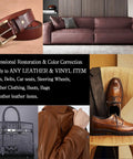 Dark Brown Leather Recoloring Balm Slaps New Shine On Worn Furniture Couches And Car Seats Revives Faded Scratched Or Cracked Vinyl For A Fresh New Vibe Quick Drying Formula Provides Smooth Coverage Without Streaks on brown leather sofa and accessories.