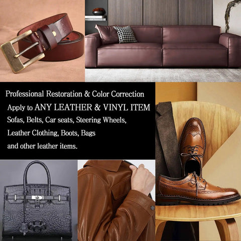 Dark Brown Leather Recoloring Balm Slaps New Shine On Worn Furniture Couches And Car Seats Revives Faded Scratched Or Cracked Vinyl For A Fresh New Vibe Quick Drying Formula Provides Smooth Coverage Without Streaks on brown leather sofa and accessories.