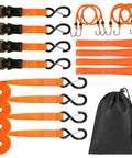 Heavy Duty Ratchet Tie Down Straps 1500 Lb Break Strength With S Hooks Safety Clips And Soft Loops in orange with storage bag.