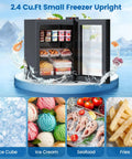 Space Savvy 2.4 Cu Ft Mini Freezer With Clear Glass Front Door and Plenty Of Removable Shelves Snugs Into Apartments Rvs Or Dorm Rooms Keeps Goods Ice Cold Down To Minus Eighteen Degrees F with open door showcasing food items.