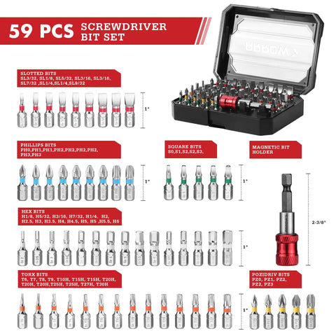 59 Piece Quarter Inch Screwdriver Bit Set With S2 Steel Color Coded Bits Magnetic Bit Holder And Storage Case for Power Drill