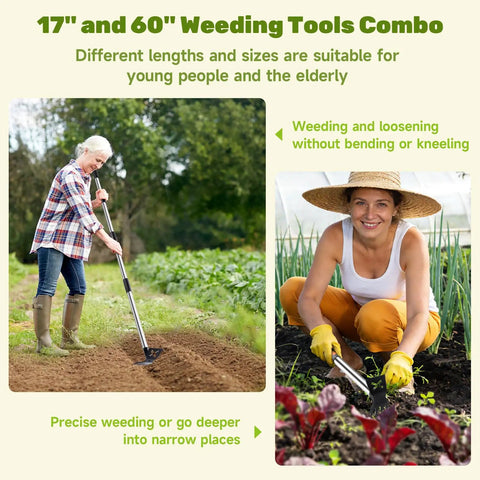Elderly woman using 60 Inch Weed Puller With Long Handle and young woman using 17 Inch Hand Weeding Tool in garden