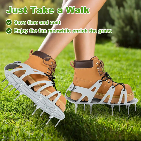 Lawn Aerator Shoes With Wrap Around Lacing And 22 Nails For Deep Soil Aeration In Yards, Patios And Gardens in use