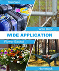 Collage showing uses for Vinyl Coated Stainless Steel Cable With Loops Four Pack Two Feet Long Five Thirty Second Inch Wire Rope Security Lanyards For Outdoor Stage Lighting And Luggage Clear Heavy Duty Locking Cable in securing suitcases, wire doors, flower baskets, and hammocks.