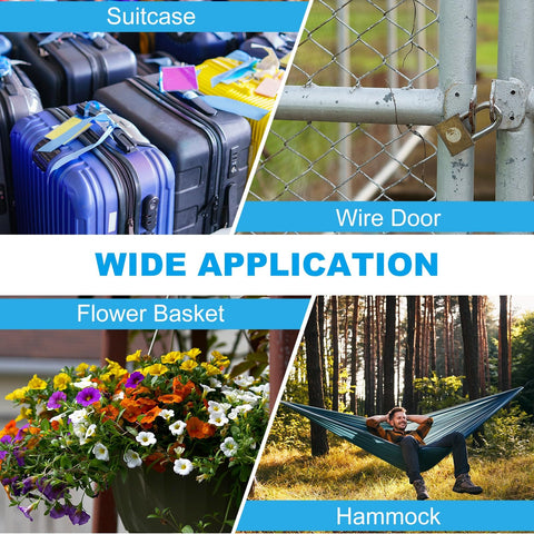 Collage showing uses for Vinyl Coated Stainless Steel Cable With Loops Four Pack Two Feet Long Five Thirty Second Inch Wire Rope Security Lanyards For Outdoor Stage Lighting And Luggage Clear Heavy Duty Locking Cable in securing suitcases, wire doors, flower baskets, and hammocks.