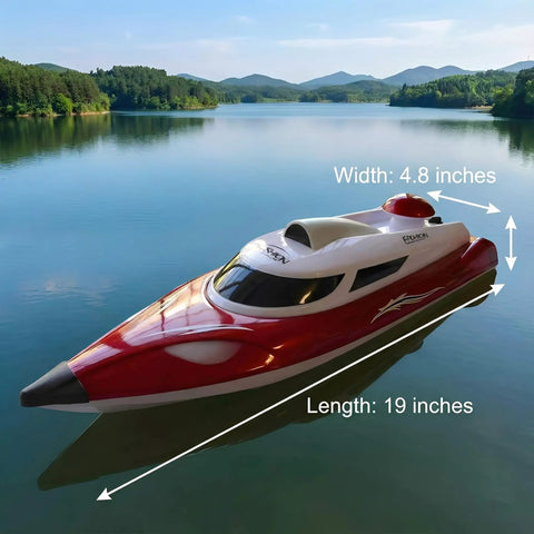 Fast 19 Inch RC Boat With 35 Plus KPH Top Speed Remote Control Water Toy For Kids And Adults on a lake with size dimensions shown