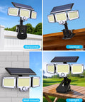 Super Bright Clip On Solar Outdoor Flood Light With Smart Motion Sensor And USB C Recharging shown in horizontal, vertical, and wall-mount positions.