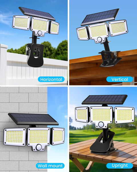 Super Bright Clip On Solar Outdoor Flood Light With Smart Motion Sensor And USB C Recharging shown in horizontal, vertical, and wall-mount positions.