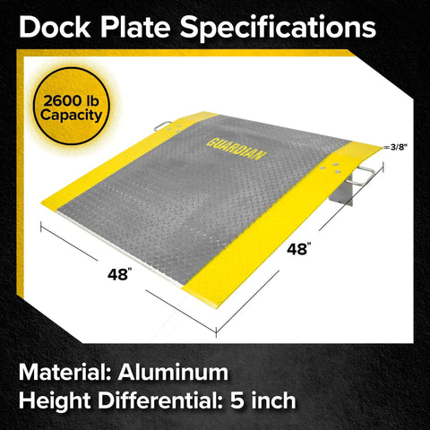 Built Tough Aluminum Dock Plate 48 By 48 Inches Handles 2600 Lb Loads with yellow side steps and specifications.