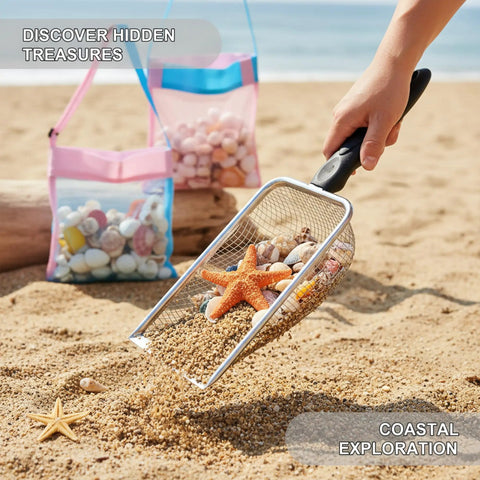Using Two Pack Shark Tooth Sifter Set With 3.8mm Mesh Sand Sifters And Shell Bags For Beachcombing; collecting seashells on the beach.