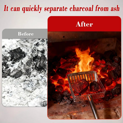 Heavy Duty Fireplace Ash Shovel With Adjustable Three Section Handle in use, showcasing before and after sifting ashes in fire pit