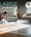 Man unfolding 12 x 9 ft drop cloths 6 pack plastic painter tarps for painting waterproof floor and furniture protection in living room.