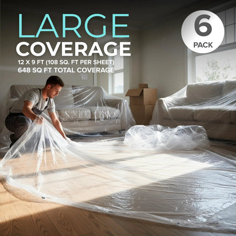 Man unfolding 12 x 9 ft drop cloths 6 pack plastic painter tarps for painting waterproof floor and furniture protection in living room.