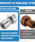 Garden Hose To Pressure Washer Adapter Converts Your Water Hose Into A Handy Power Washer Quick Connect System Three Quarters GHT To One Quarter Stainless Steel Connector For Light Cleaning Tasks showing stainless steel and brass comparison