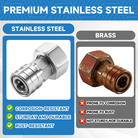 Garden Hose To Pressure Washer Adapter Converts Your Water Hose Into A Handy Power Washer Quick Connect System Three Quarters GHT To One Quarter Stainless Steel Connector For Light Cleaning Tasks showing stainless steel and brass comparison