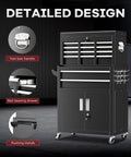 Rolling Tool Chest With Wheels 8 Drawer Metal Tool Cart And Portable Work Bench 2 in 1 Detachable Design With Drawer And Hooks For Garage Workshop Warehouse And Home Shop Heavy Duty Black, front view