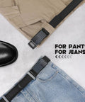 Dope Mens Leather Belt Ratchet Black Dress Belt With Automatic Slide Buckle For Men shown with pants and jeans.