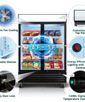 Image showing Commercial Double Glass Door Display Freezer With Forty Four Point Seven Cubic Feet Badass Storage And Digital Temp Control Auto Defrost LED Lights, featuring adjustable shelves and LED lighting.