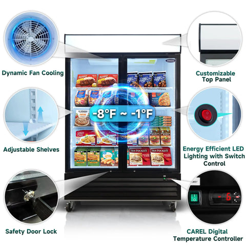 Image showing Commercial Double Glass Door Display Freezer With Forty Four Point Seven Cubic Feet Badass Storage And Digital Temp Control Auto Defrost LED Lights, featuring adjustable shelves and LED lighting.