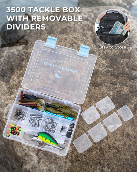 Fishing Sling Tackle Bag Kit With 3500 Tackle Box And Full Gear Set for on-the-go anglers on rock, showing dividers and lures.