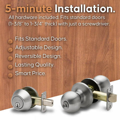 Ball Door Knob Set With Keyed Alike Deadbolt Satin Stainless Finish Easy Screwdriver Install No Brainer Quick Fit Adjustable 4 Way Latch