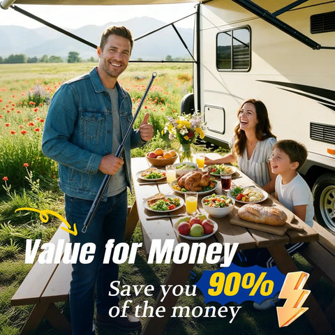 Two Pack 26 Inch RV Awning Gas Struts 124 Lb Each Replacement for Solera Awnings shown with family enjoying picnic by RV