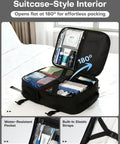 TSA Friendly Carry On Travel Backpack for Men and Women With 180 Degree Full Opening Waterproof Pocket in room, open to show interior.